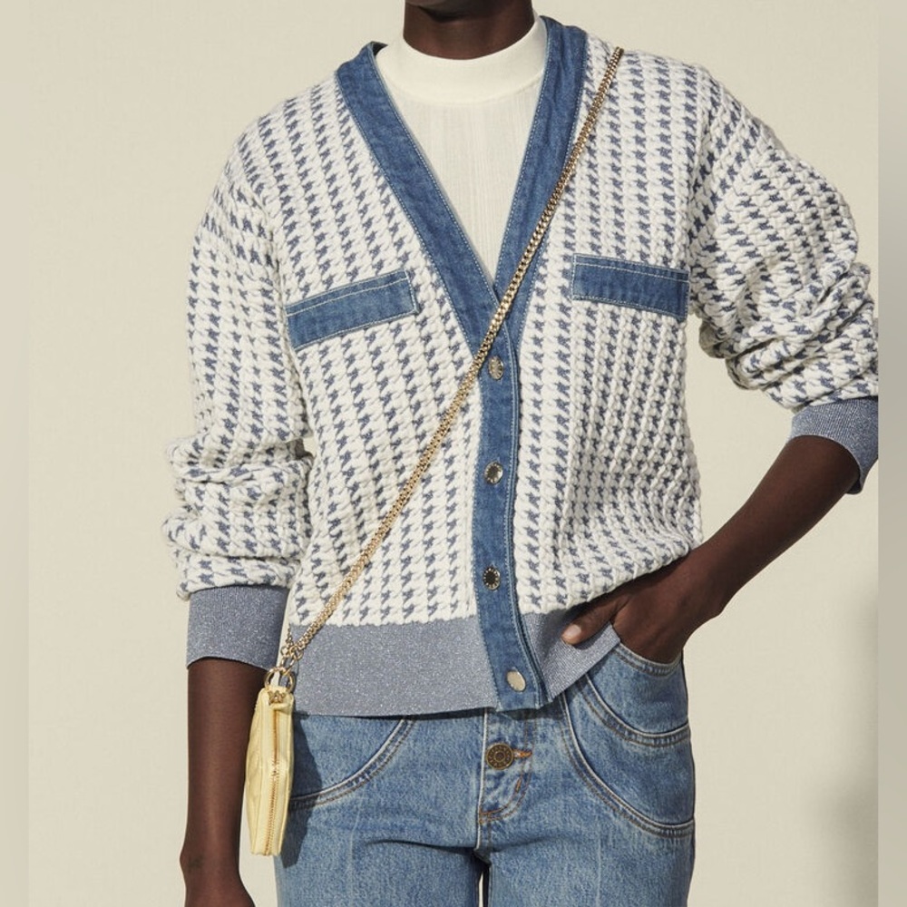 Sandro Marillys Tweed & Denim Cropped Cardigan